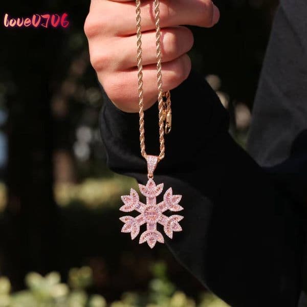 Unisex Hip Hop Diamond Pendant Necklace Pink Flower Snowflake Obsidian Chic Mainly for Men Women Featuring 925 Sterling Silver VVS Moissanite Children