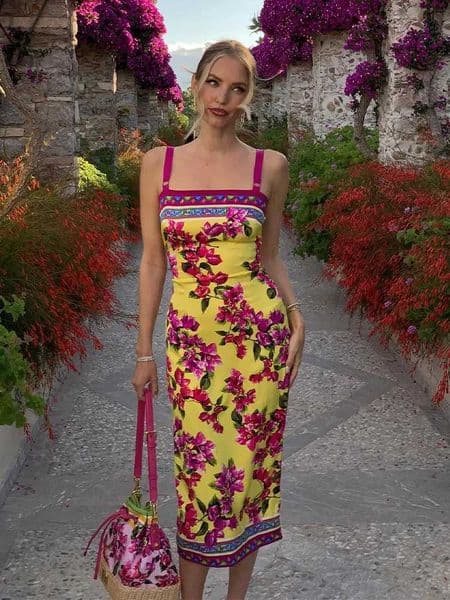 Floral Print Dresses For Women Fashion Sexy Streetwear Prairie Chic Straps Sleeveless Slash Neck Slim Fit Midi Vestidos Robes H260406
