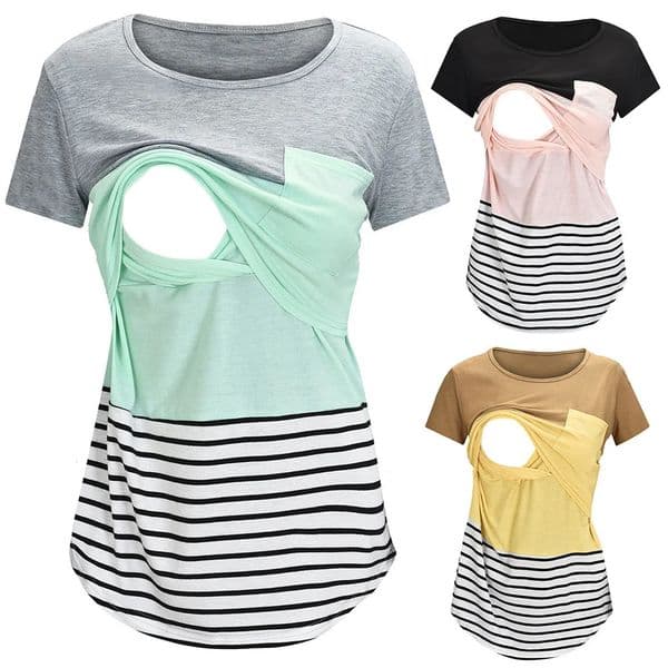 Maternity Clothes Casual Tops Nursing For Breastfeeding T Shirt Striped Print Women Short Sleeve Blouse 260407