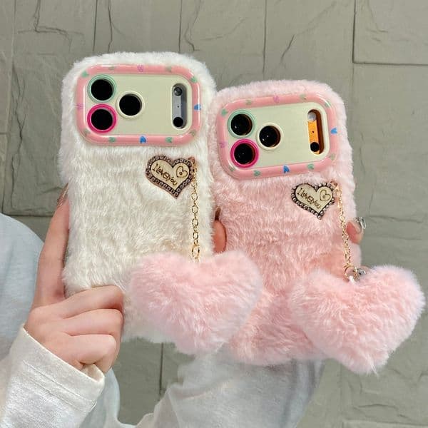 Cute Fluffy Love Heart Pendant Plush Phone Case For iPhone CASE 17 16 15 14 13 12 11 Pro Max Lens Holder Shockproof Protective Winter warm Cover