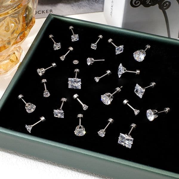 Titanium fashion simple zircon round and square stainless steel white diamond screw-back earrings, women's earrings wholesale