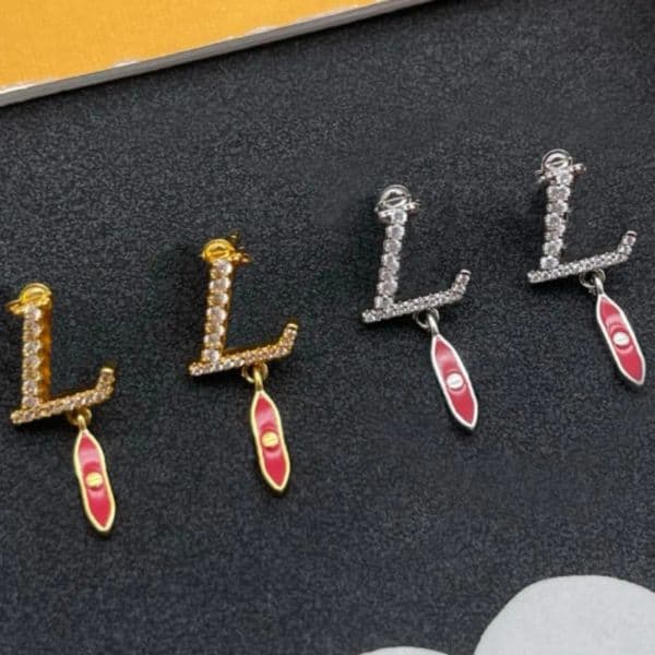 Letter Shaped Crystal Accent Red Enamel Drop Earrings Gold Silver Tone Elegant Daily Gifts For Her High Quality Fashion Accessory