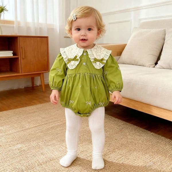 2026 Spring Infant 024M Baby Girl Green Bow Bodysuit Cotton Embroidery Clothing Long Sleeved Toddler Jumpsuit 260407BY