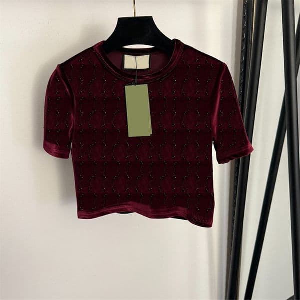 Luxury Women Retro Rhinestone Velvet Cropped T Shirt Slim Fit Tee Summer Vacation Date Music Festival Top