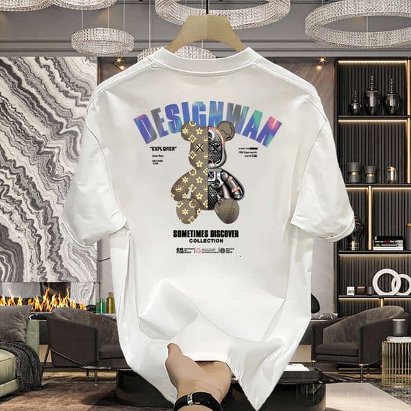 Summer Cotton Trend Teddy Bear Print Short T-Shirt Men Casual Loose Versatile Couple's Half Sleeve Top