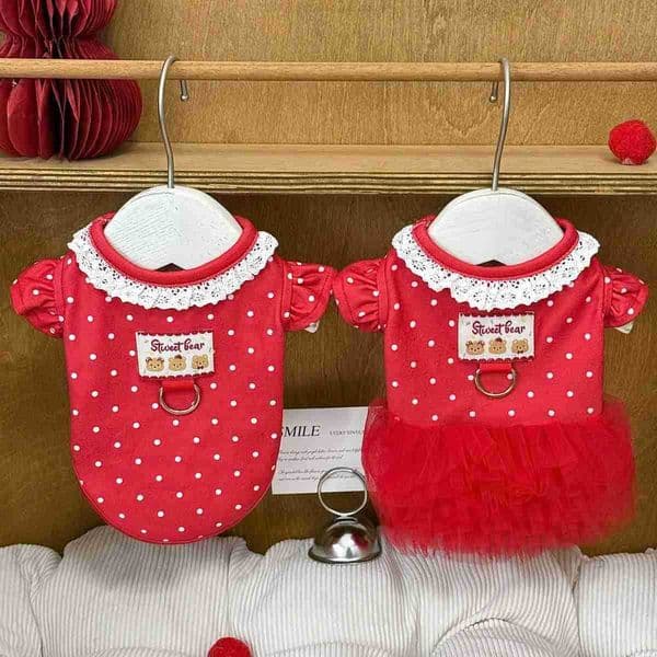 Pet Spring Undershirt Red Polka Dot Princess Dress Teddy Cute Lace Vest Dog Clothes for Small Dogs Puppy Clothes H260410