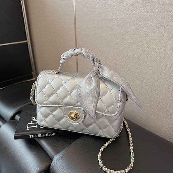 2026 New Arrival Black Quilted Chain Shoulder Bag, Women's Faux Leather Crossbody Handbag with Scarf, Trendy Mini Daily Bag