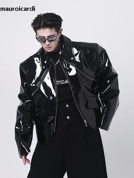 Mauroicardi Spring Autumn Cool Loose Short Black Shiny Reflective Patent Faux Leather Jacket Men Zipper er Clothes 260407