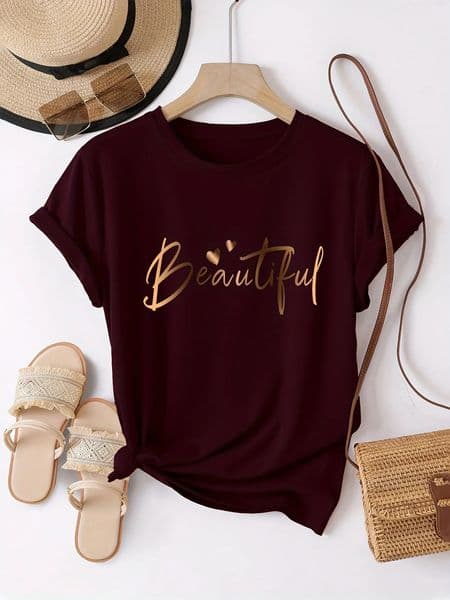 Beautiful Gold Script Womens Tee Casual Burgundy Graphic Top 260407BJ