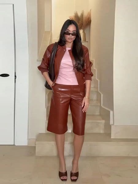Spring Set Womens Matching Sets Faux Leather Bomber Jacket TwoPiece Top Mini Skirt Shorts Pants Woman Clothes Streetwear 260408