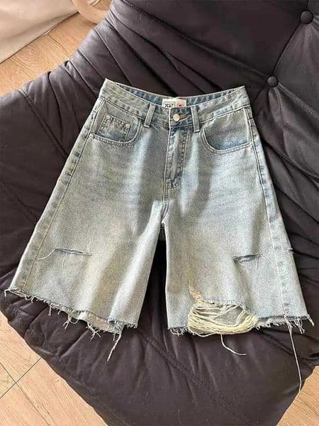 Summer Women Denim Shorts High Waisted Zipper Ripped Knee-length Jeans American Casual Fashion Retro Female shorts L260407
