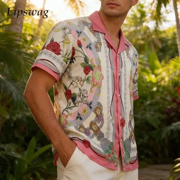 Leisure Florals Printed Shirts Men Summer Daily Casual Short Sleeve Buttonup Satin Shirt Vintage Mens Turndown Collar 260331