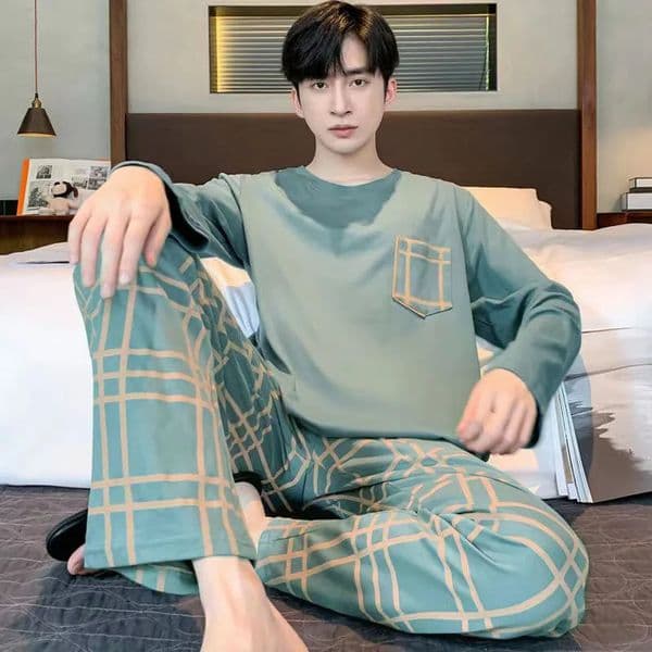 Men Pajamas Set of Autumn and Winter LongSleeved Long Trousers Youth Nightwear Homewear TwoPiece Striped Sleepwear Loungewear 260408
