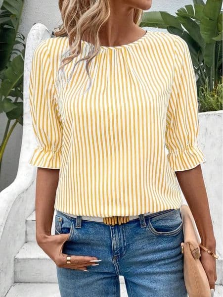 Womens Blouses Summer Fashion Blue Striped Button Folds O Neck Short Sleeve Pullover Tops Elegant Casual Shirts For Women 260407BJ