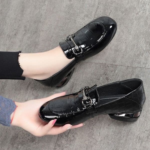Ddmysports Square Toed Chunky Heel And Autumn New Model Comfortable British Style Small Shoes Spring Mid Patent Leather Women S Outdoor
