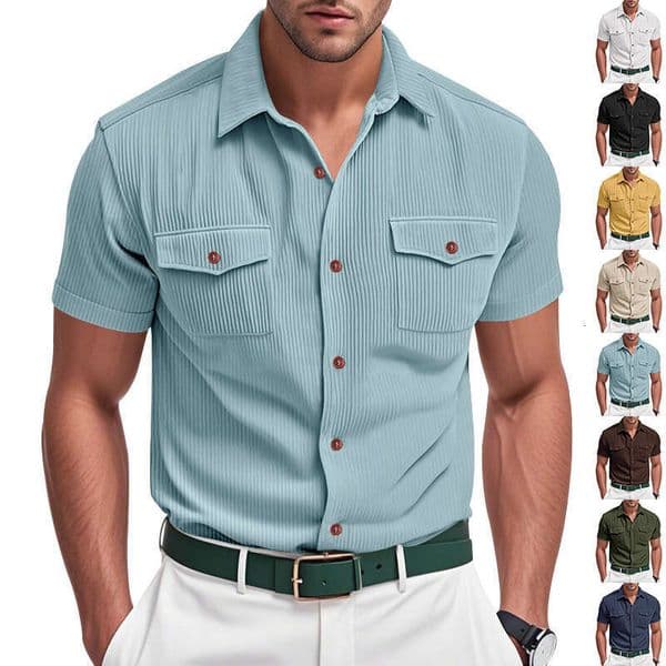 Cross-Border American Style Summer New Men's Short Sleeve Shirt Casual Loose Amekaji Corduroy Heavyweight T-Shirt