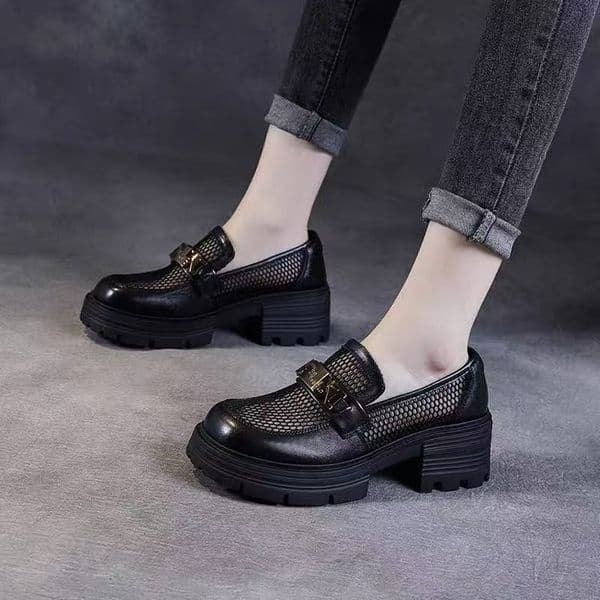 Ddmysports British Style Loafers For Women Summer New Model Slip On Thick Soled S Shoes Hollow Breathable Mesh Small Leather Outdoor