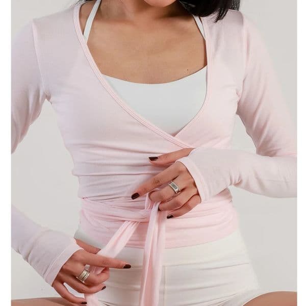 Women Sexy Wrap Crop Tops Tees Long Sleeve Deep V Neck Tie Workout Ballet Pilates Yoga TShirts with Thumb Holes Cropped 260331BANJIA