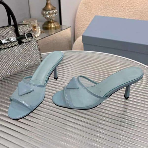 Women Slip On Sandals Designer Patent Leather Mesh Slippers Stiletto Heels Slides Outdoor Leisure Shoes With Dust Bag Slides Vintage Pink Blue Casual Shoes
