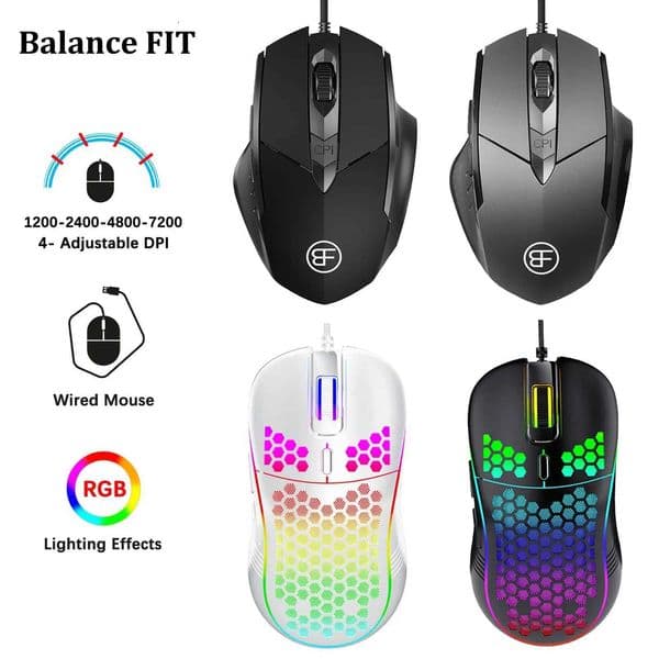 Optical Wired Gaming Mouse 6 Buttons Ergonomic Design with Adjustable 4-7200 DPI RGB Effects for Windows Laptops PC USB Mouse S2647