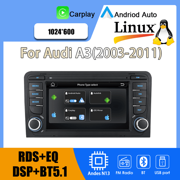 7-inch Car Display for Audi A3: Car DSP Sound Effect Smart Stereo Support CarPlay/Android Auto Multi-Map Navigation Entertainment System linux