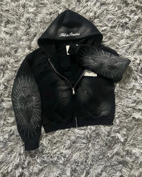 Hell in Paradise Street Retro Gothic Style Zip Up Hoodie Y2k Alphabet Embroidery Patchwork Hoodies Loose Sweatshirt Men Clothing 260407