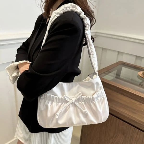 Cool Satin Pleated Hand Bag Bow Korean Style INS Shoulder Bag Portable Fashion Underarm Bag Outdoor 260408