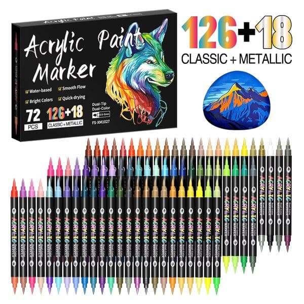 24/48/72/144 Colors Acrylic Paint MarkersDual tips Dual Color for Rock PaintingCanvasGlassCeramicFabricPlasticSoft Brush 260407