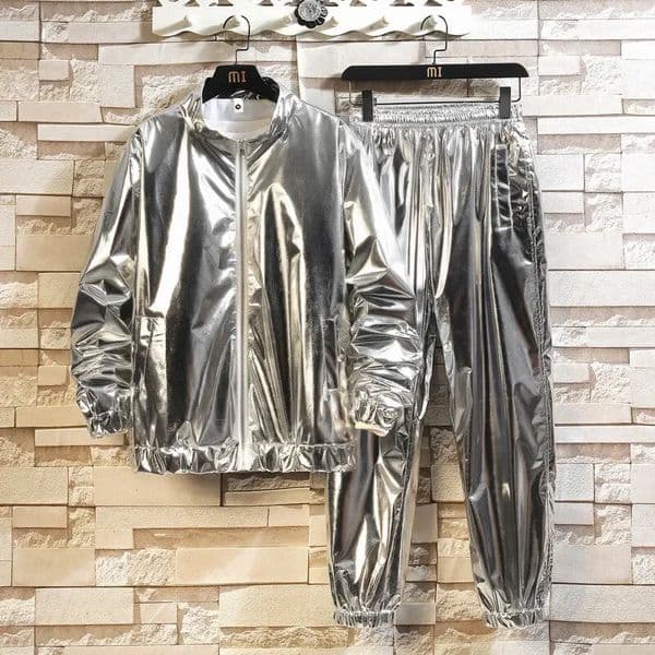 Mens Sets Shiny Metallic Suits Adult Disco 2 Piece Outfit Jacket Pants Halloween Dress Up Nightclub Stage Party Jackets Costume 260408