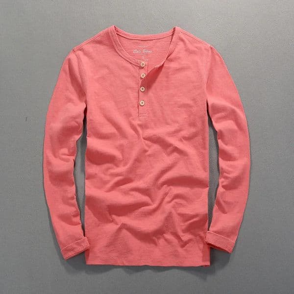 Spring Fashion Mens Long Sleeve Cotton T-Shirt Solid Color Vintage Button Neck Casual Thin Tops Tees Comfortable Tshirt 260407