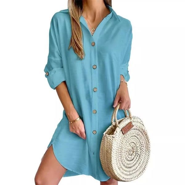 Solid Color Button Front Shirt Dress Casual Long Sleeve Lapel For Spring Fall Womens Clothing 260408BJ