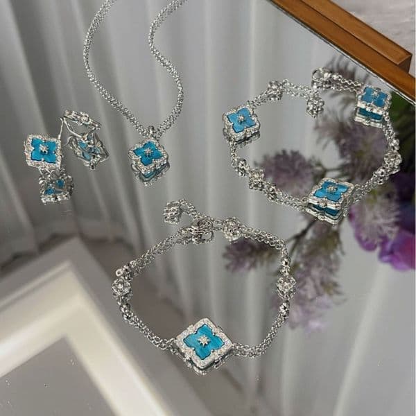 Four-leaf Clover Earrings Italian-Style Brushed Blue Wavy Necklace and Bracelet Set Designer Multi-functional Retro Court-Style Bracelet