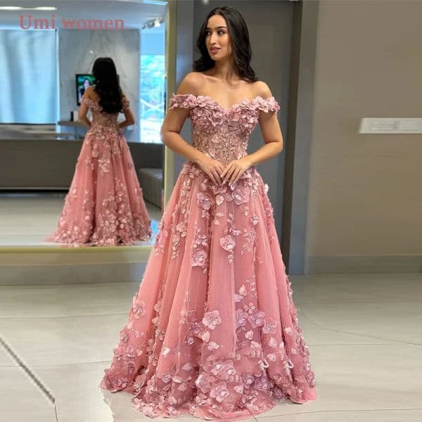 Luxury Pink Prom Party Dress 2026 3D Flower Lace Off Shoulder A-line Tulle Long Evening Birthday Formal Gowns Pageant Robe De Soiree Vestidos Feast