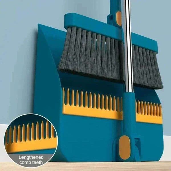Folding Dustpan & Broom Set Extra Thick Mounting Teeth, Clip Swivel Long Handle, Space Saving Storage 26W0409