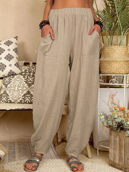 Women Cotton Pants Summer Casual Vintage Pockets Thin Beach Trousers Female Elastic Waist Wide Leg Retro Loose Harem 260408BJ