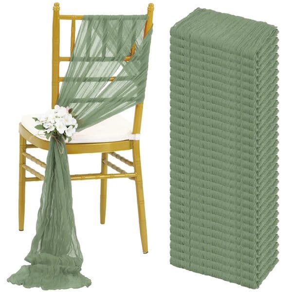 30PCS 30x275cm Wedding Sage green Chair Sashes Decoration Gauze Cheesecloth Chair Bow Chair Cover for Reception Party 260402