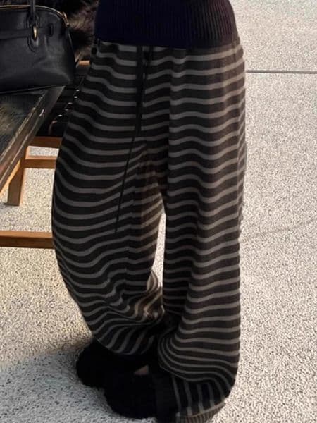 Harajuku Contrast Color Striped Women Wide Leg Pant Vintage Grunge Loose Knitted Y2K American Casual Lady Straight Trousers 260409BJ