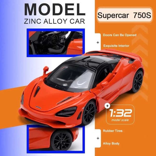 132 Scale 750S V12 Sports Car Model Toys Alloy Diecast Doors Opened Rubber Tires with Acrylic Box Toy Supercars for Boy GiftsL260408