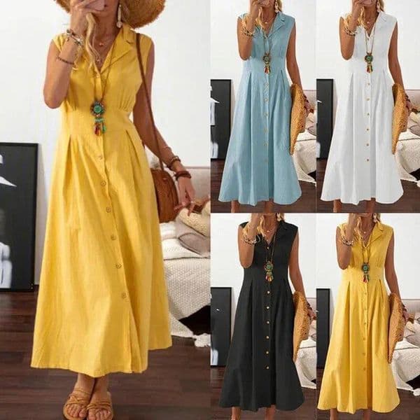 Dresses 2025 Woman Fashion Lapel A-line Vintage Cotton Linen Long Skirt Womens Clothing Tops