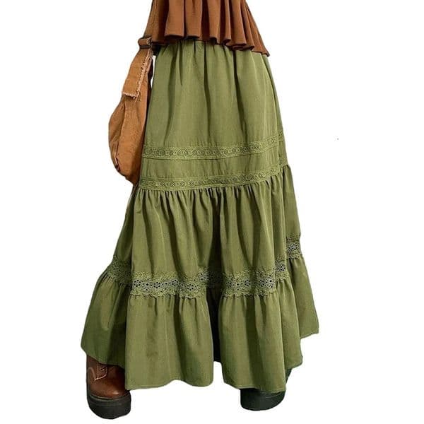 90s Vintage Green Pleated Skirts Korean Fashion Holiday Boho High Waist Long Skirts Retro Y2K Fairycore Cute Lace Trim Clothes 260409