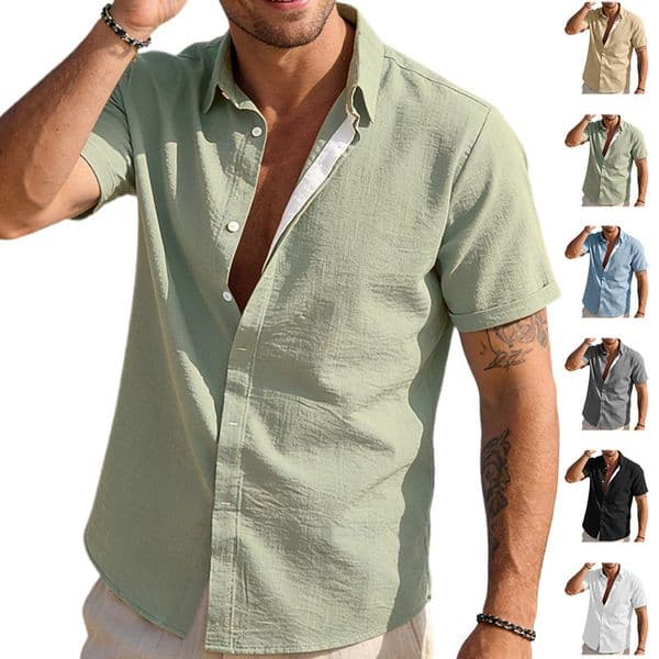 2026 New Designer Luxury Brand Summer Breathable Men's Solid Color Button Casual Short Sleeved Shirt Fashionable Beach Vacation Men's T-shirt