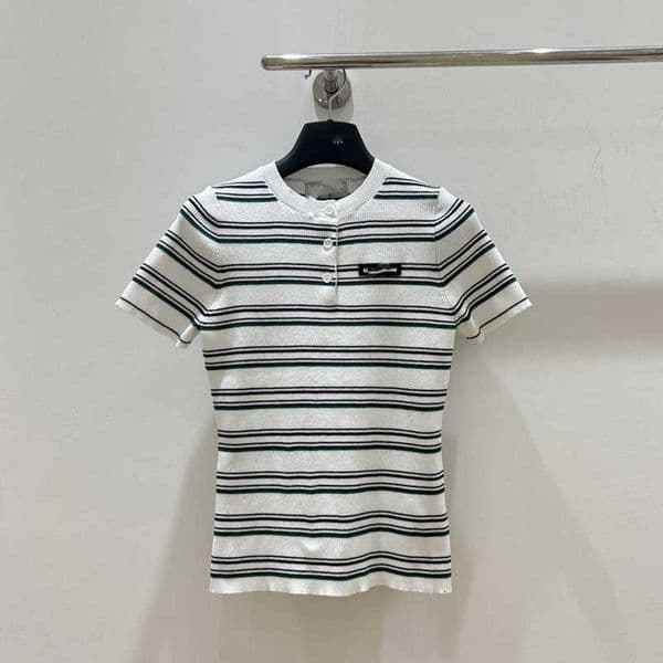 Women's T-Shirt Designer Striped Short Sleeve Knitted Top For Women, Trendy On Summer New Design Niche Versatile Loose Fitting Round-neck Knit DO40