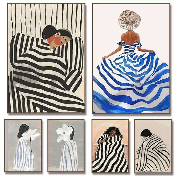1PCS frameless paintingBlack & White Woman in Stripes Abstract Flower Canvas Painting Wall Art Poster for Living Room Ho 26H0407