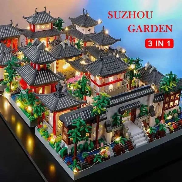 Suzhou Blocks 1800+Pcs Classic Chinese Garden Mini Block Traditional Architecture House Assembled Bricks with LED Light