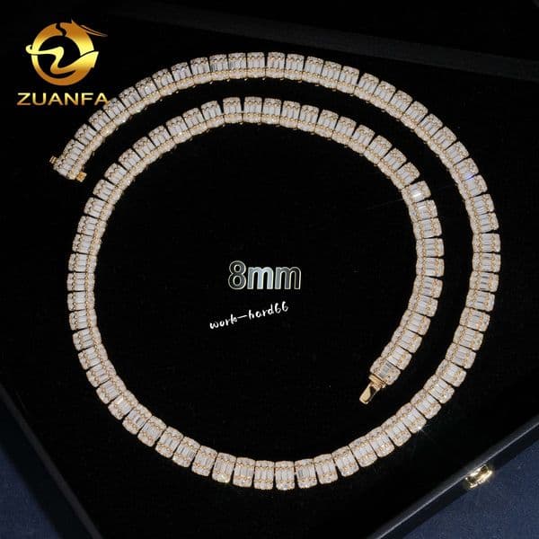 GRA Certified 8mm Baguette Moissanite Chain Cuban Links 925 Silver Cuban Link Chain Moissanite Iced Out Necklace