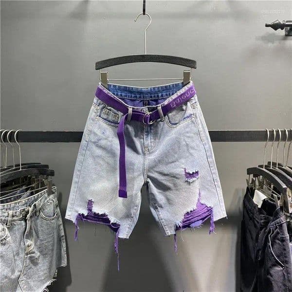 Women's Shorts Summer Style Fashionable Colorful Ripped Jeans For Women High Waist Wide-leg Five-point Pants