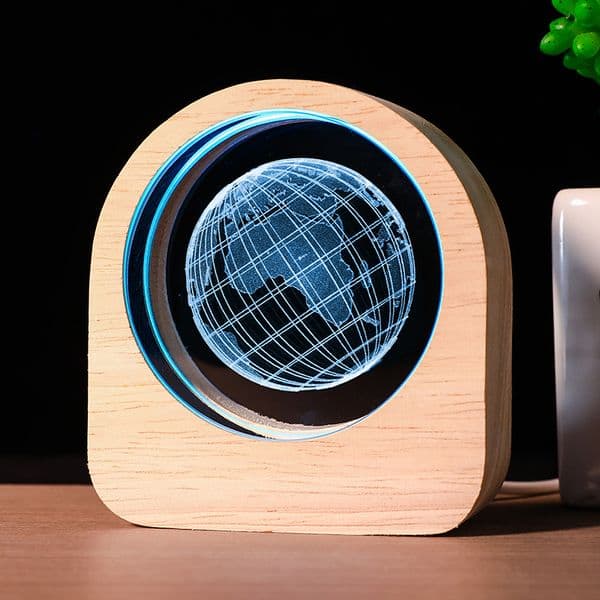 3D Engraved Crystal Ball Night Light Wooden Base Desk Lamp