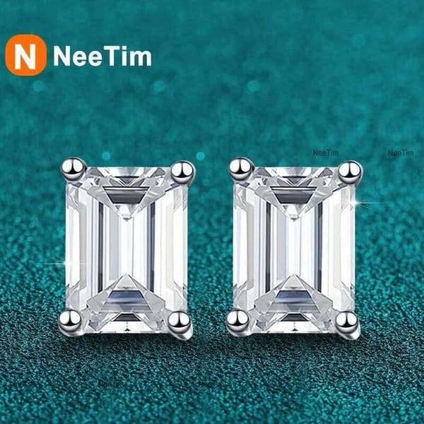 NeeTim 0.5CT 1CT 2CT Emerald Radiant Cut Moissanite Studs Earrings for Women Lab Diamond 925 Sterling Silver Earring Jewelry 26W0408