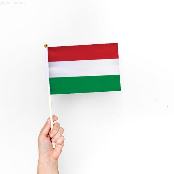 30Pcs/Set Hungarian Hand Waving Flag Mini Handheld National Flags With Flagpole 14x21cm Polyester Double-sided Pattern