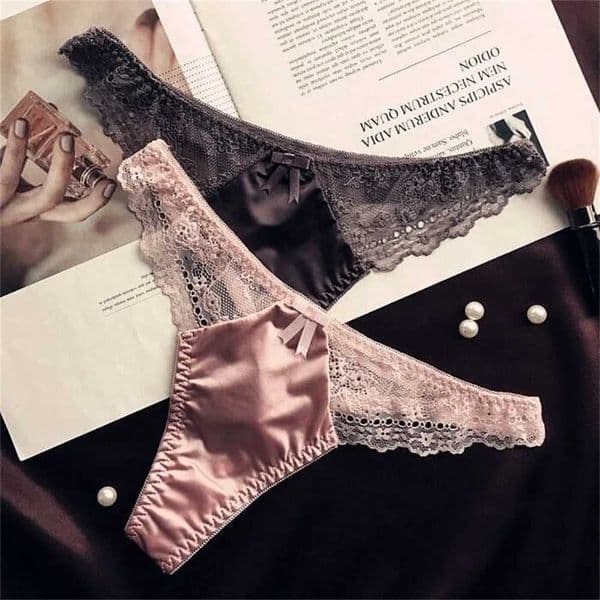 Hollow Lace Sexy Glossy Satin Silk Smooth Thong Women Sexy Low Waist G-string Underwear Bow Seamless Lingerie S251229